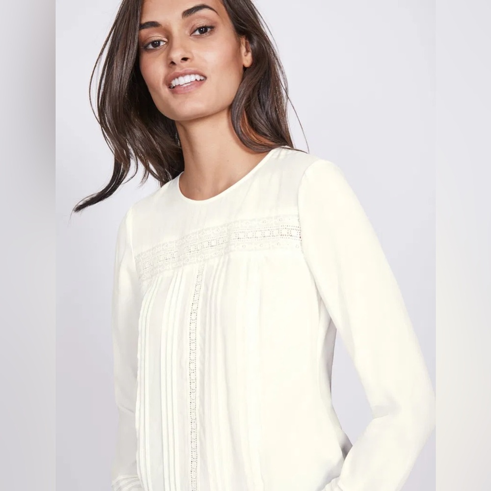Boden “Dana” Ivory/Cream Long Sleeve Top with Lace and Pleating Detail, Size 4